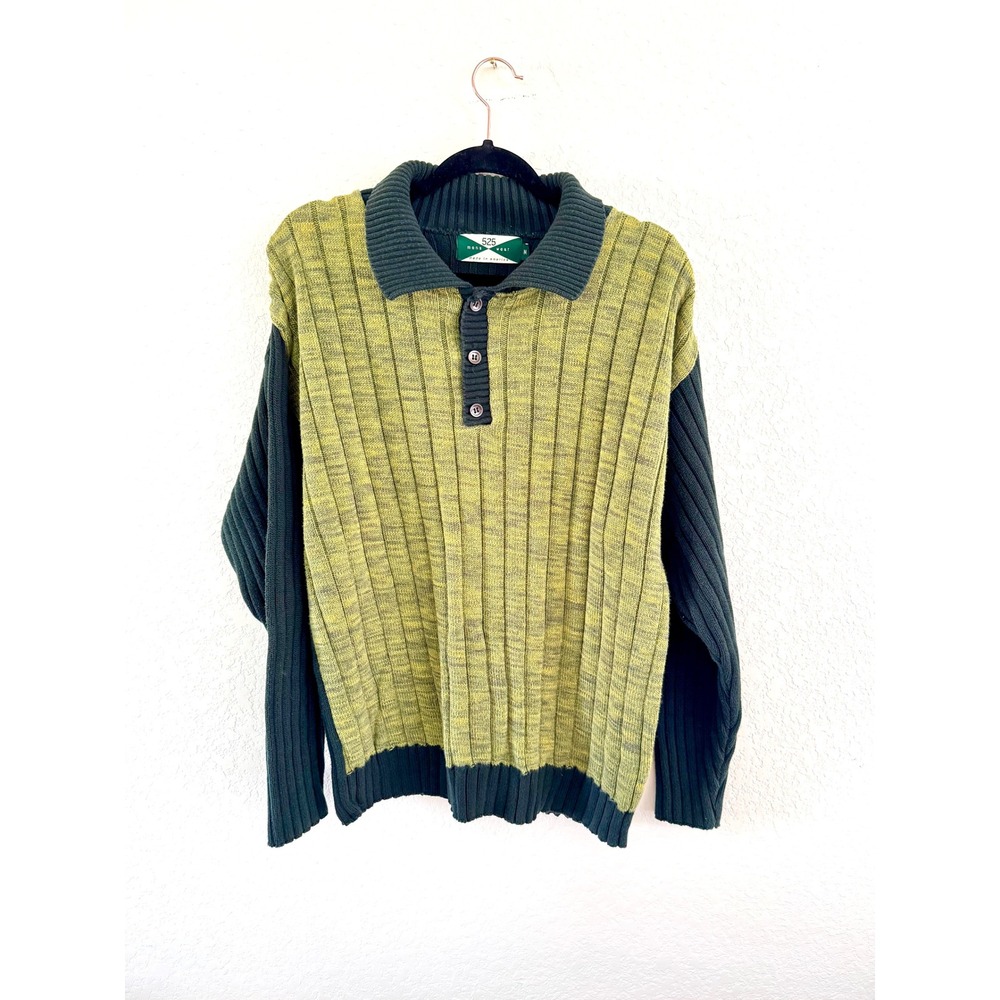 525 Vintage Mens Wear Ribbed Knit Sweater Green Yellow Size M Made in America